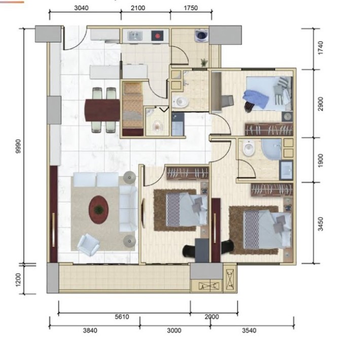 Tower Claymore Type 3 Bedroom + 1 Maidroom (120 m2) - denah
